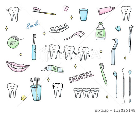 Dentistry set of doodle icons. Vector illustration of elements for the treatment and care of teeth. Dentist's tools. Teeth with emotions. 112025149