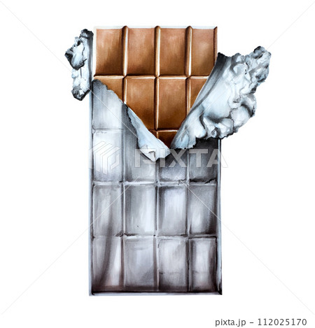 Watercolor chocolate bar in ripped open foil. Hand drawn silver wrapper, realistic illustration isolated on white background. For designers, packaging design, menu, decoration, postcards, wrapping 112025170