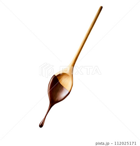 Watercolor wooden spoon with melted liquid chocolate. Hand drawn kitchen utensils, realistic illustration isolated on white background. For designers, packaging design, menu, decoration, postcards, 112025171
