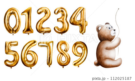 Watercolor cute cartoon teddy bear with golden foil balloon numbers digits 0-9. Hand drawn birthday party numbers zero, one, two, three, four, five, six, seven, eight, nine for decoration isolated on Watercolor cute cartoon teddy bear with golden foil balloon numbers digits 0-9. Hand drawn birthday party numbers zero, one, two, three, four, five, six, seven, eight, nine for decoration isolated on 112025187