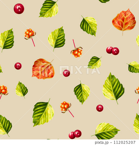 Watercolor seamless pattern with forest berries lingonberry, cranberry and cowberry, cloudberry illlustration. Juicy red berries and green leaf isolated on white background. Clip art for designers, 112025207