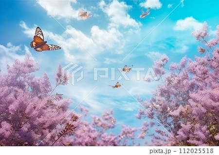 Spring flowering gardens against the blue sky and butterflies flying above the flowers. Generative AI. 112025518
