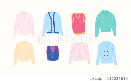 Cartoon Color Different Type Clothes Male Tops Set Concept Flat Design Style. Vector illustration of Cardigan and Vest 112025619