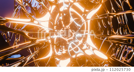Glowing neon lights of objects moving towards endless fractal tunnel. 3d render 112025730