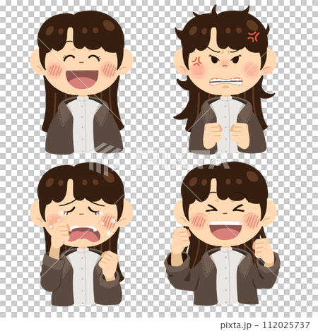 年輕女子的情緒，憤怒，悲傷，簡單可愛的插圖集 112025737