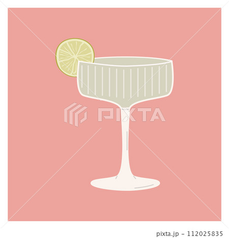 Gimlet Classic Cocktail garnish with lime slice. Classic alcoholic beverage. Summer aperitif. Minimalist alcoholic drink in trendy champagne glass isolated on background. Vector flat illustration. 112025835