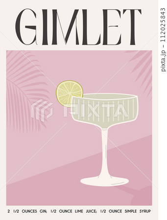 Gimlet Classic Cocktail garnish with lime slice. Classic alcoholic beverage recipe wall art print. Summer aperitif poster in muted color. Minimalist alcoholic drink placard. Vector flat illustration. 112025843