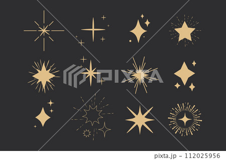 Set sparkle fireworks, star blink doodle gold sparkle holiday party explosion isolated on dark background. Golden magic celestial starburst Set sparkle fireworks, star blink doodle gold sparkle holiday party explosion isolated on dark background. Golden magic celestial starburst 112025956