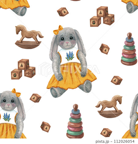 Cute funny little baby bunny toy. Seamless pattern. Cute funny little baby bunny toy. Seamless pattern. 112026054