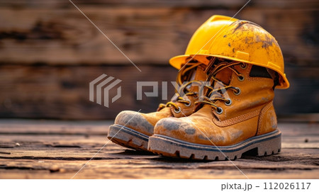 A pair of worn work boots and a hard hat on a wooden surface 112026117