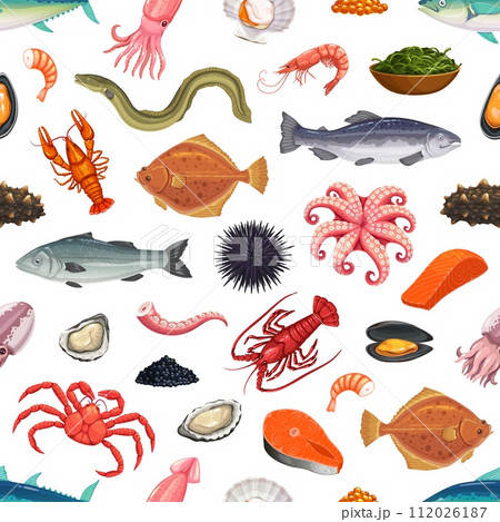 Cartoon seafood seamless pattern with vector fish and sea animals. Sea food background of crab, lobster, shrimp and squid, salmon, tuna and eel. Mussel, scallop and caviar backdrop, seafood restaurant 112026187