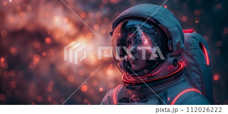 Portrait of an astronaut. Mars colonization or settlement concept. Astronaut in space suit in outer space with nebula reflection in helmet glass 112026222