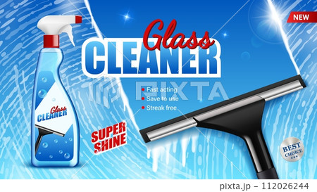 Window glass cleaner, product ad poster with spray bottle and squeegee scraper, vector background. Glass cleaning detergent or window clean spray mockup advertising poster with foam and clear shine 112026244