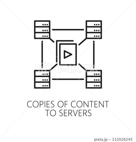 Copies of content to servers. CDN, content delivery network icon of vector web technologies. CDN distribution system of media files, documents or software thin line sign with data center proxy servers Copies of content to servers. CDN, content delivery network icon of vector web technologies. CDN distribution system of media files, documents or software thin line sign with data center proxy servers 112026245