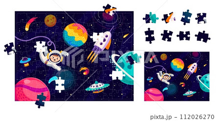 Space jigsaw puzzle game pieces with starry galaxy, kid astronaut, UFO and space rocket. Form connect puzzle riddle, figure search vector quiz worksheet with boy in spacesuit, spaceship in outerspace Space jigsaw puzzle game pieces with starry galaxy, kid astronaut, UFO and space rocket. Form connect puzzle riddle, figure search vector quiz worksheet with boy in spacesuit, spaceship in outerspace 112026270
