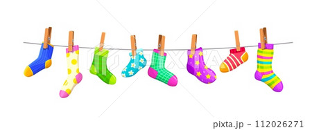 Cotton and wool socks on clothesline rope with clothespins, cartoon vector background. Kids socks hanging on line with pins, socks with color ornament pattern hanging on laundry clothesline 112026271
