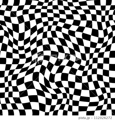Wavy checker pattern with optical illusion, trippy checkerboard vector background. Back white squares chessboard in swirl or spiral twist distortion for psychedelic and hypnotic visual effect pattern 112026272