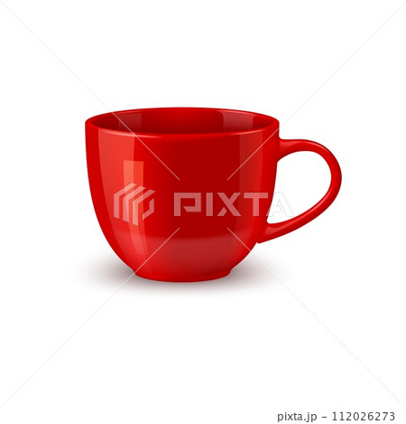 Red ceramic coffee mug and tea cup mockup, realistic tableware. Isolated 3d vector glossy bowl, boasts a sleek design with a comfortable handle. Its rich scarlet hue adds warmth to morning ritual 112026273