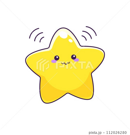 Cartoon cute kawaii star character with shy smile and face. Vector space personage, funny little twinkle star emoji or embarrassed superstar emoticon shining in the sky with bright yellow beams 112026280
