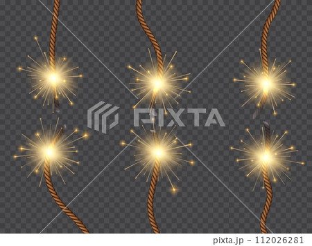 Bomb burning wicks or dynamite fuses with fire flame lit, isolated vector on transparent background. Firework or firecracker ignition ropes with sparks, TNT explosive detonator wicks or dynamite fuses 112026281