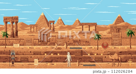 8bit pixel art arcade game level map with ancient Egypt pyramids and mummy, vector background. Palms and cobra snake, stair platforms and manuscripts with Ancient Egypt temples for 8 bit arcade game 112026284