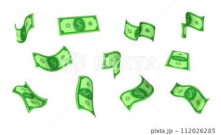 Flying cartoon dollar banknotes or cash money bills, vector paper currency. Floating green banknotes with dollar sign for jackpot win, finance banking or investment, rich life and money success 112026285