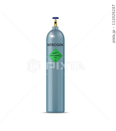 Realistic nitrogen gas cylinder, compressed gas metal balloon. Isolated vector tall silver tank with non-flammable symbol. Sturdy valve on top, essential gas for industrial and scientific processes 112026287