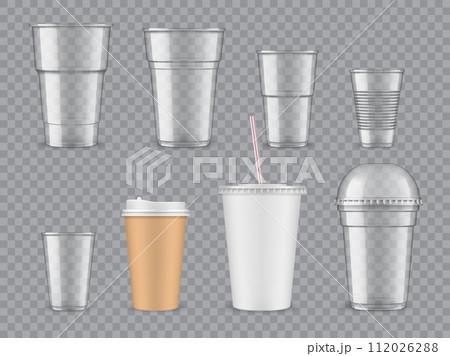 Transparent plastic and paper cups. Coffee, juice and tea takeaway beverage container types. Vector set of disposable mugs for hot drinks or cold beverage provide convenience for on-the-go consumption 112026288