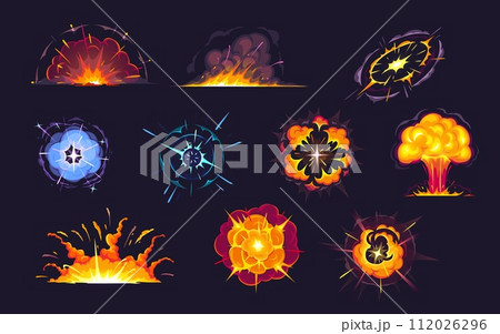 Cartoon bomb explosion effects with smoke and boom blast clouds, vector set. Atomic bomb mushroom explode or fire of explosives and TNT dynamite explosion, firework boom flash, pop puff and burst rays 112026296