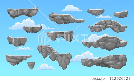 Cartoon rock stone game platforms on vector background of blue sky and clouds. Arcade, 2d video and computer game UI interface assets set of stone jump platforms with gray rocks, stairs and bridge 112026322