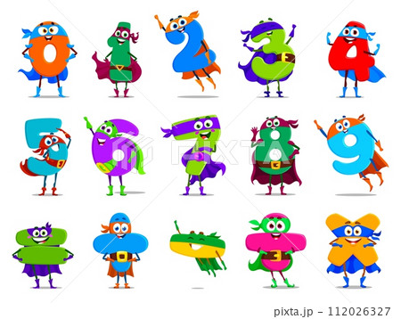 Cartoon math number nine superhero characters wear cape and mask. Isolated vector one, two, three, four or five. Six, seven, eight and zero educational digit defenders. Plus or minus school personages 112026327