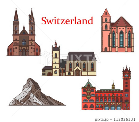 Switzerland landmarks, Basel churches and cathedrals, vector architecture buildings. Minster Cathedral and Matterhorn mountain Peak, Leonhardskirche church, Town Hall and Saint Alban Tower 112026331