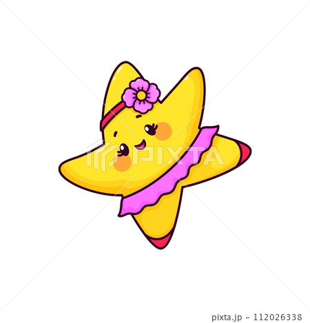Cartoon cute kawaii star or little twinkle character dancing. Happy star ballet dancer vector personage wearing funny pink tutu skirt, pointe shoes and flower headband. Cute space emoji or emoticon 112026338
