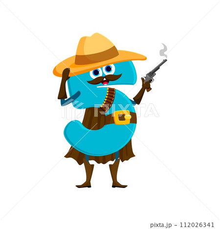 Cartoon cowboy, sheriff, and robber math number character. Isolated vector grinning 5 personage in tilted hat, brandishes a revolver, ready for a numerical showdown in the wild equations of learning Cartoon cowboy, sheriff, and robber math number character. Isolated vector grinning 5 personage in tilted hat, brandishes a revolver, ready for a numerical showdown in the wild equations of learning 112026341