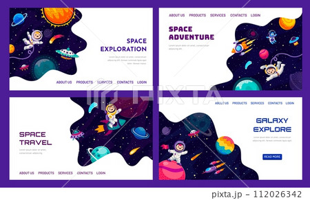 Space galaxy landing pages with cartoon space planets, kid astronauts, aliens and spaceships, vector website templates. Galaxy planets, alien UFO and spaceman in starry universe sky for landing page Space galaxy landing pages with cartoon space planets, kid astronauts, aliens and spaceships, vector website templates. Galaxy planets, alien UFO and spaceman in starry universe sky for landing page 112026342