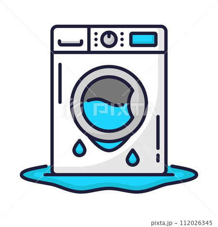 Color plumbing service icon with broken washing machine. Toilet, pipe, bathroom problems. Home appliances repair service, plumbing problem fixing or sewage cleaning thin line vector icon or sign 112026345
