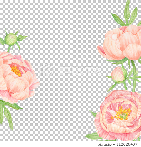 Peach peony bouquet watercolor hand drawn frame. Chinese national symbol illustration. Realistic flower clipart, floral arrangement for card design, wedding invitation, prints, textile, packing Peach peony bouquet watercolor hand drawn frame. Chinese national symbol illustration. Realistic flower clipart, floral arrangement for card design, wedding invitation, prints, textile, packing 112026437