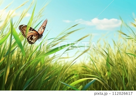 Sunny spring summer background. A butterfly flies on a green meadow. Generative AI. Sunny spring summer background. A butterfly flies on a green meadow. Generative AI. 112026617