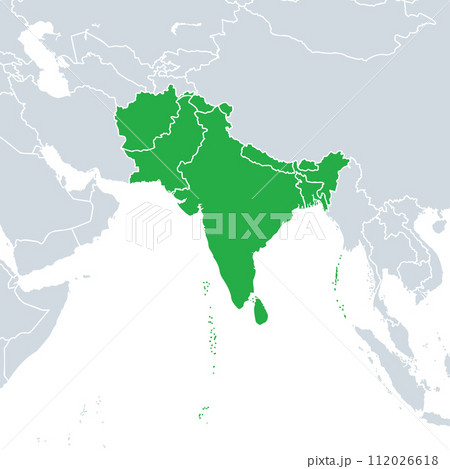 South Asia political map. Southern subregion of Asia, defined in geographical and ethnic-cultural terms. The countries Afghanistan, Bangladesh, Bhutan, India, Maldives, Nepal, Pakistan, and Sri Lanka. 112026618