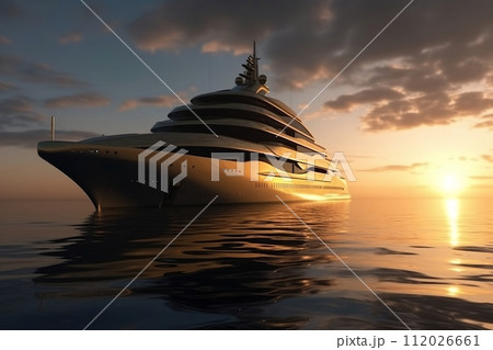 Big expensive yacht in the sea or ocean during sunset. Rest on the boat. Generative AI. 112026661