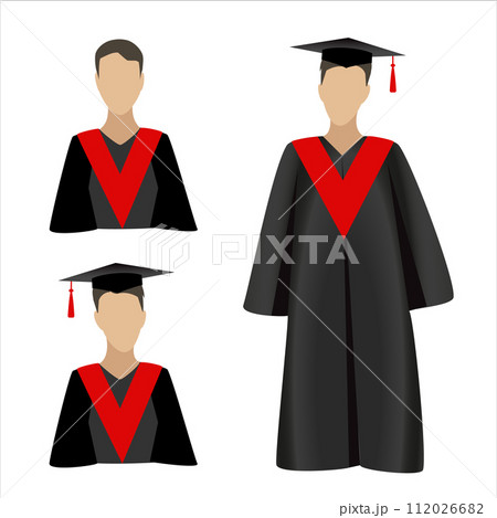 Man in graduation ceremonial clothing. Set of graduate hats, academic squares or student caps and mantles in different colors. Vector isolated on white Man in graduation ceremonial clothing. Set of graduate hats, academic squares or student caps and mantles in different colors. Vector isolated on white 112026682