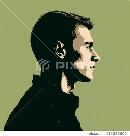 Drawn profile of a handsome man with short hair. Profile silhouette of a skinny man looking forward. Side view of a grown up adult man illustration on a green background. Drawn profile of a handsome man with short hair. Profile silhouette of a skinny man looking forward. Side view of a grown up adult man illustration on a green background. 112026860