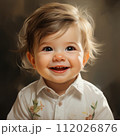 Excited baby boy on a gray background smiling and looking at the camera. Studio shot of an amused small baby with short hair. Cute cheerful child with an open mouth and small white teeth. 112026876