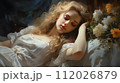 Beautiful young girl with long hair in a dress sleeping in bed. Closeup of a beautiful woman with wavy hair lying in bed with closed eyes. Illustration acrylic watercolor painting pretty girl sleeping 112026879