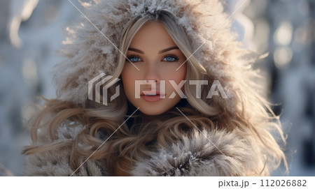 Beautiful young girl in a fur coat on a snowy winter background. Portrait of a beautiful girl in a white fur coat standing on a blurred forest background looking at the camera. Beauty fashion concept. 112026882
