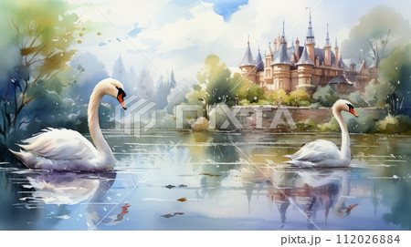 Acrylic painting of two swans swimming in a lake. Oil painting of two beautiful white swans in a pond. Ai generated illustration of a family of swans on the background of a beautiful palace. 112026884