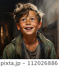 Art portrait of a happy boy looking up. Colorful illustration painting of an excited little boy looking upwards. Detailed vibrant drawing of a cheerful small child smiling and looking up. 112026886