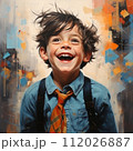 Art portrait of a happy boy looking up. Colorful illustration painting of an excited little boy looking upwards. Detailed vibrant drawing of a cheerful small child smiling and looking up. 112026887