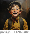 Art portrait of a happy boy in a cap. Colorful illustration painting of an excited little boy looking at the camera. Detailed vibrant drawing of a cheerful small child with red cheeks smiling. 112026888