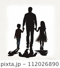 Family silhouette. Black silhouette of a family. Silhouette of a father with two children. Black and white back view silhouette of a father walking with his daughter and son holding hands. 112026890